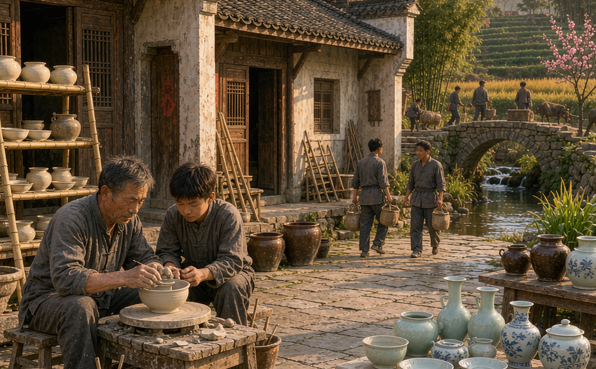 Rustic old water mill and clay-processing site beside the Yaoli stream in Jiangxi