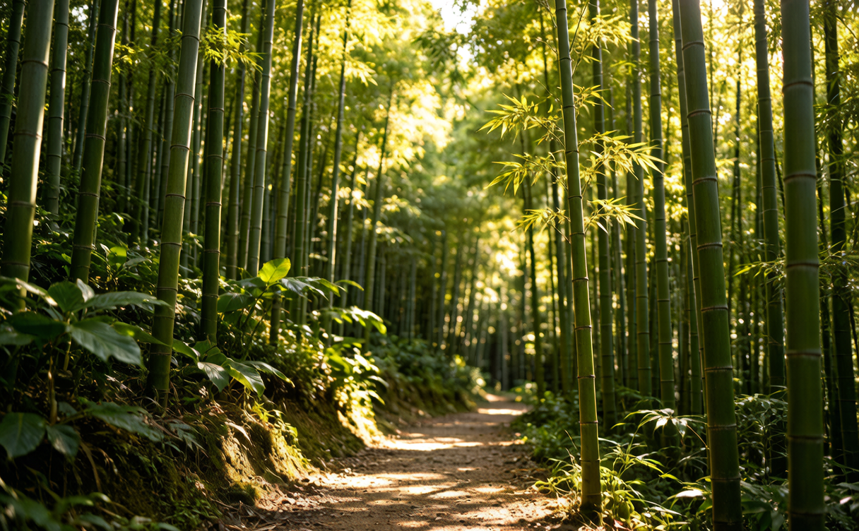 Yibin travel guide - sunlight through moso bamboo on a trail in the Shunan Bamboo Sea