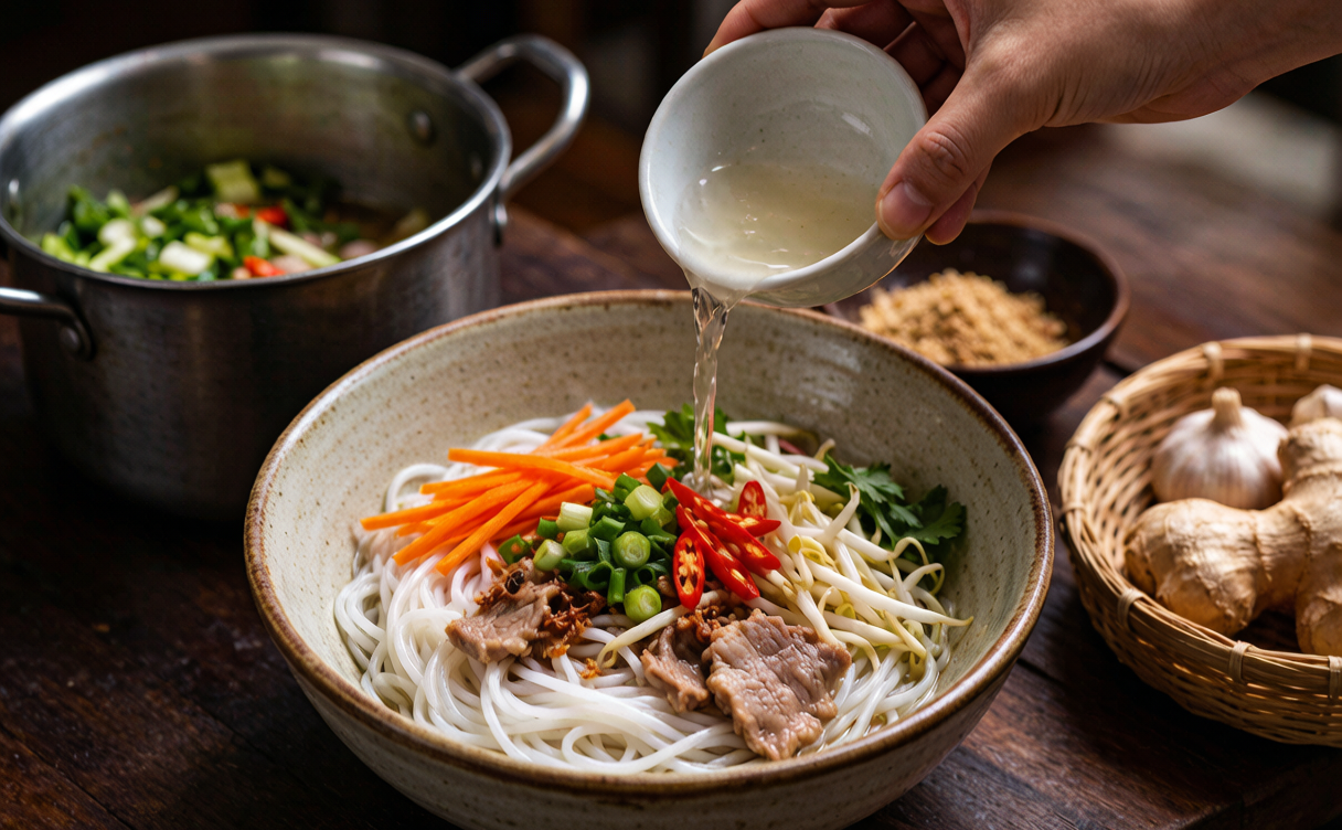 Crossing the bridge noodles guide - the full spread of raw toppings and broth in a Yunnan restaurant