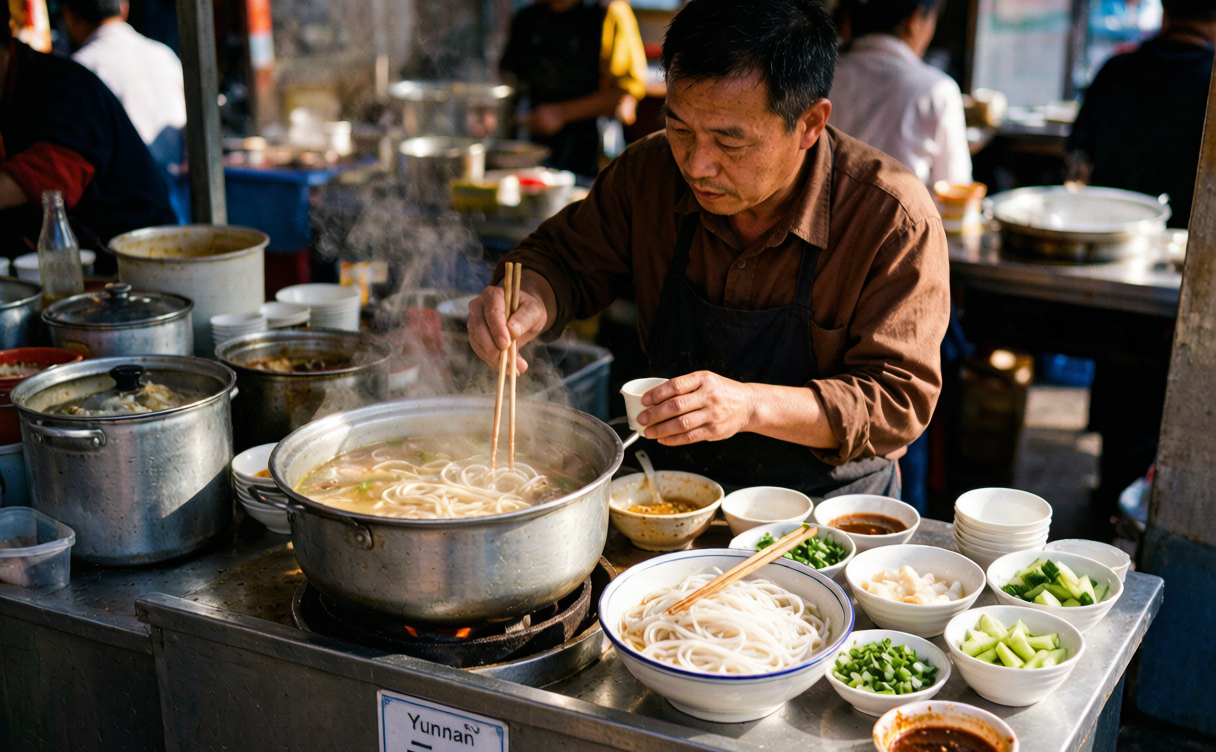 Crossing the bridge noodles guide - a Kunming breakfast stall serving small-pot rice noodles