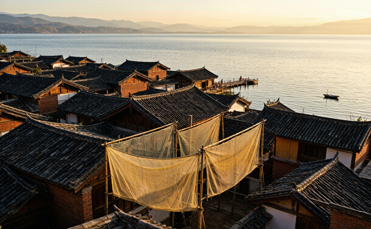 Clear blue freshwater and sandy beach at Fuxian Lake in Yuxi, Yunnan