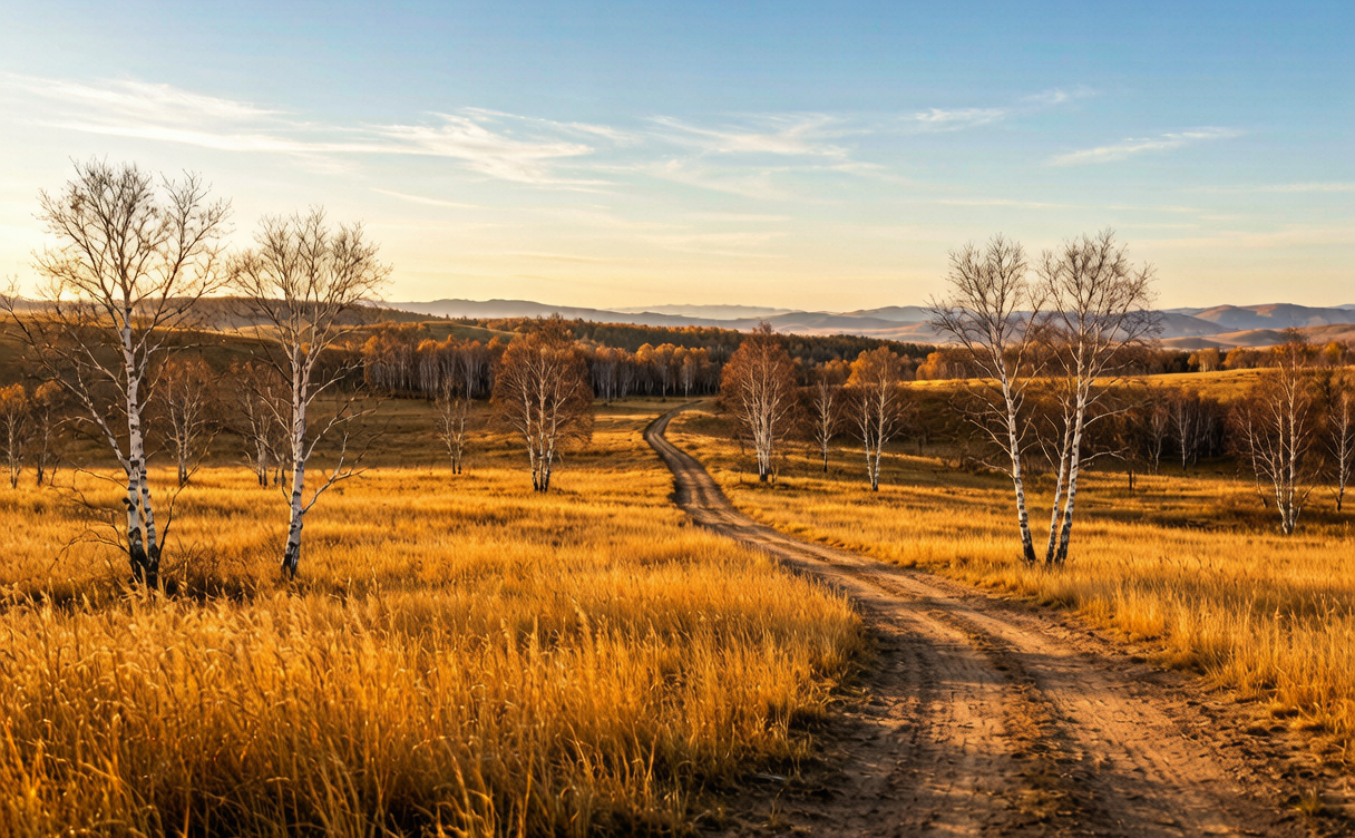 Autumn Bashang grassland with birch stands and a dirt track in Zhangjiakou, Hebei, China