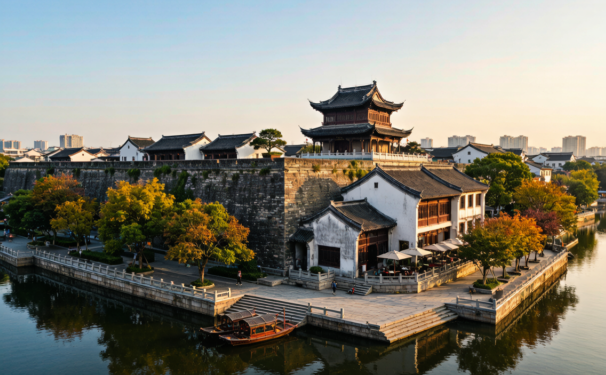 Ming city wall and riverside buildings in old Zhaoqing, Guangdong, China