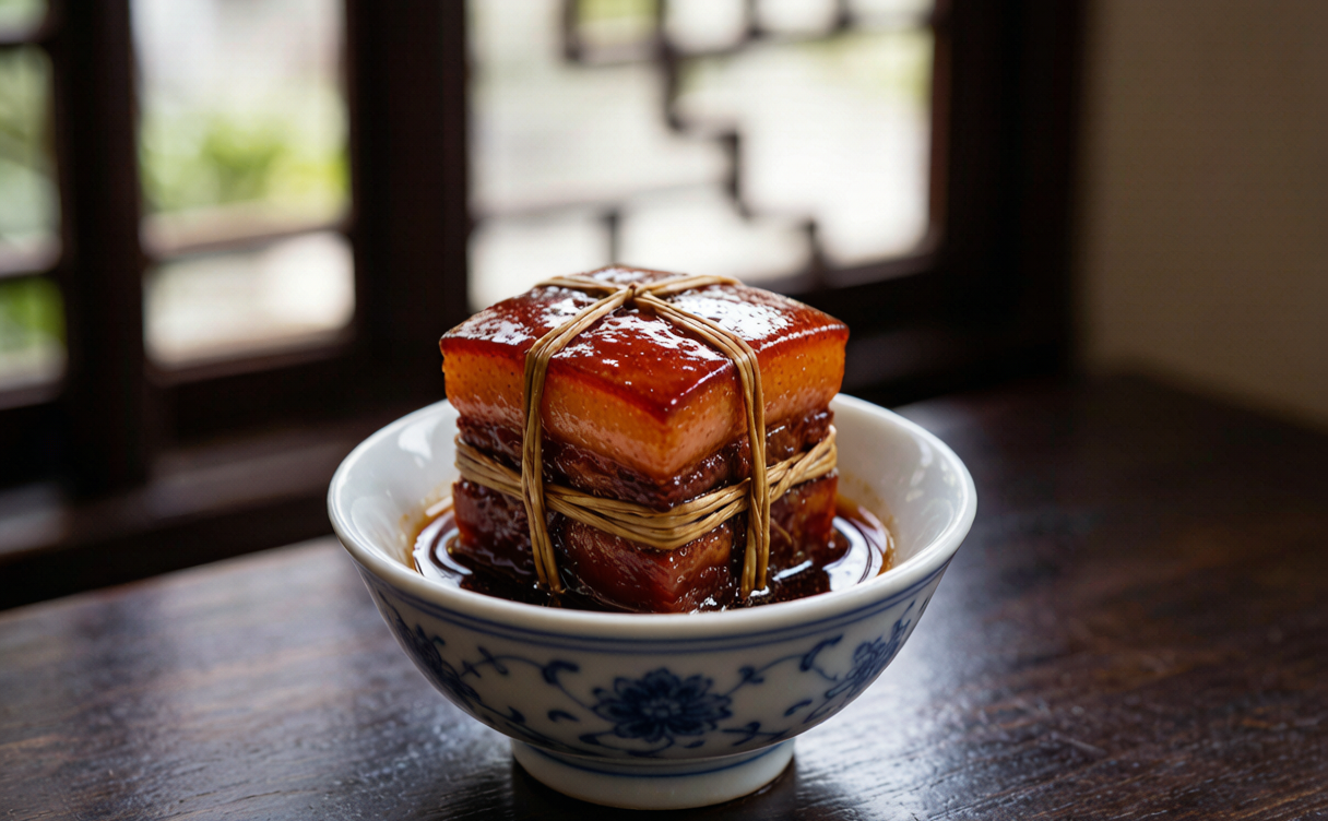 Zhejiang cuisine guide - braised Dongpo pork tied with straw in a porcelain bowl