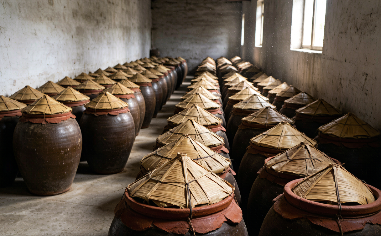 Zhejiang cuisine guide - ceramic jars of aged Shaoxing rice wine in a cellar