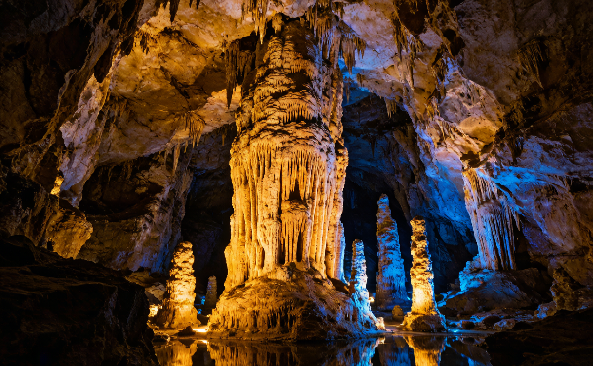 Huge central chamber of Zhijin Cave in Guizhou, China, with tall limestone pillars and walkways