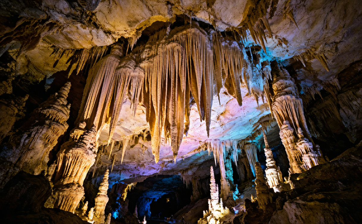 The Silver Rain Tree crystal formation lit inside Zhijin Cave, Guizhou, China