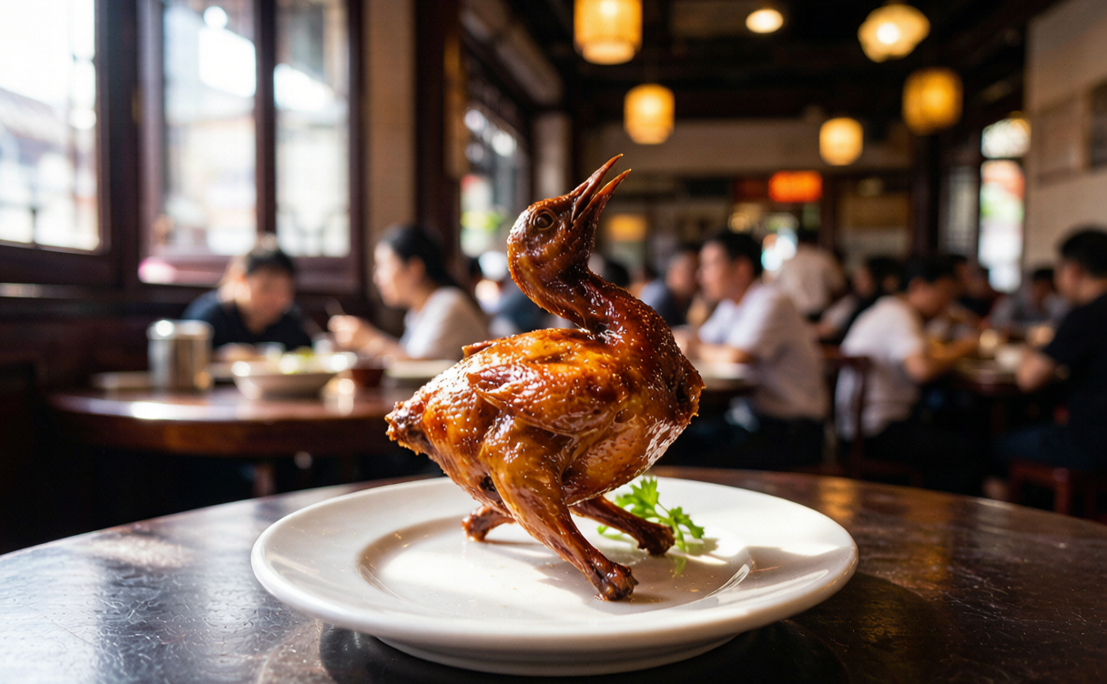 Zhongshan travel guide - crisp roasted Shiqi pigeon served at a local restaurant