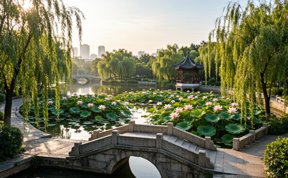 Zhongshan travel guide - lotus ponds and stone bridges in a riverside park