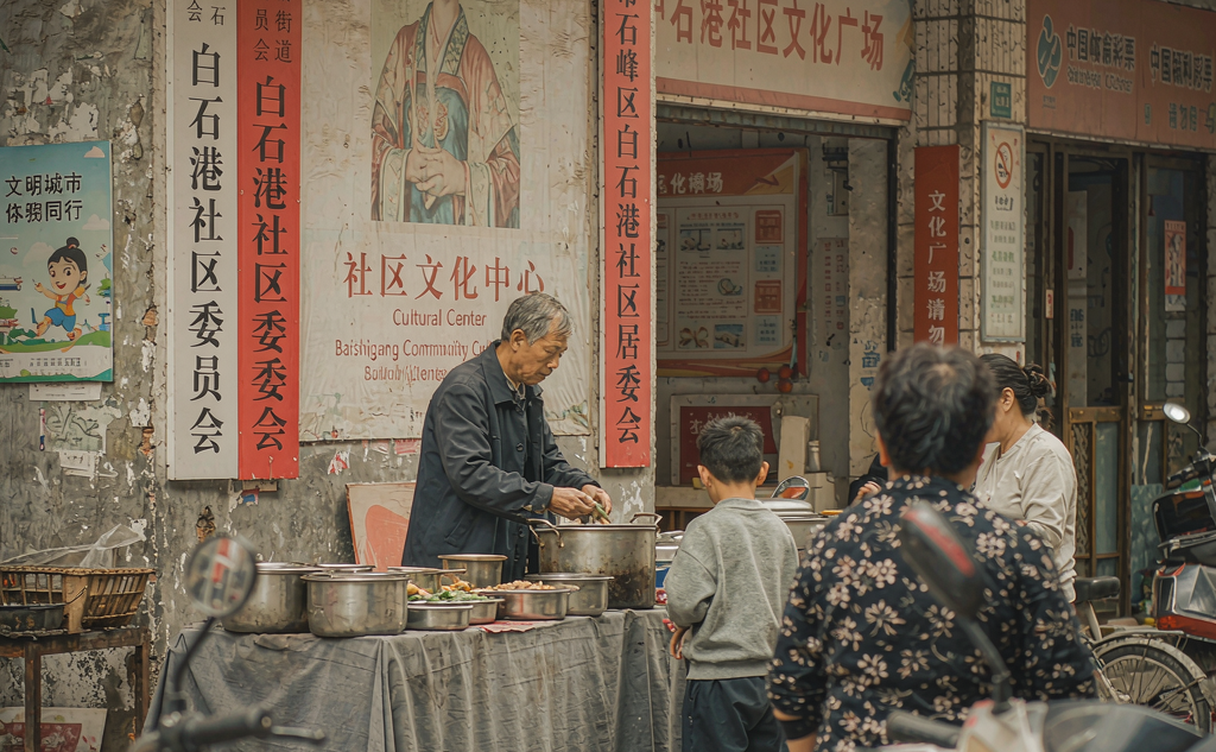 Zhuzhou night market with grilled skewers and noodle stalls in Hunan, China