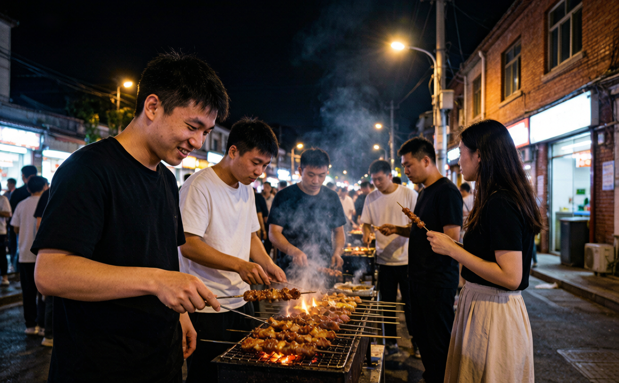 Zibo travel guide - table-top charcoal barbecue skewers at a Zibo night market