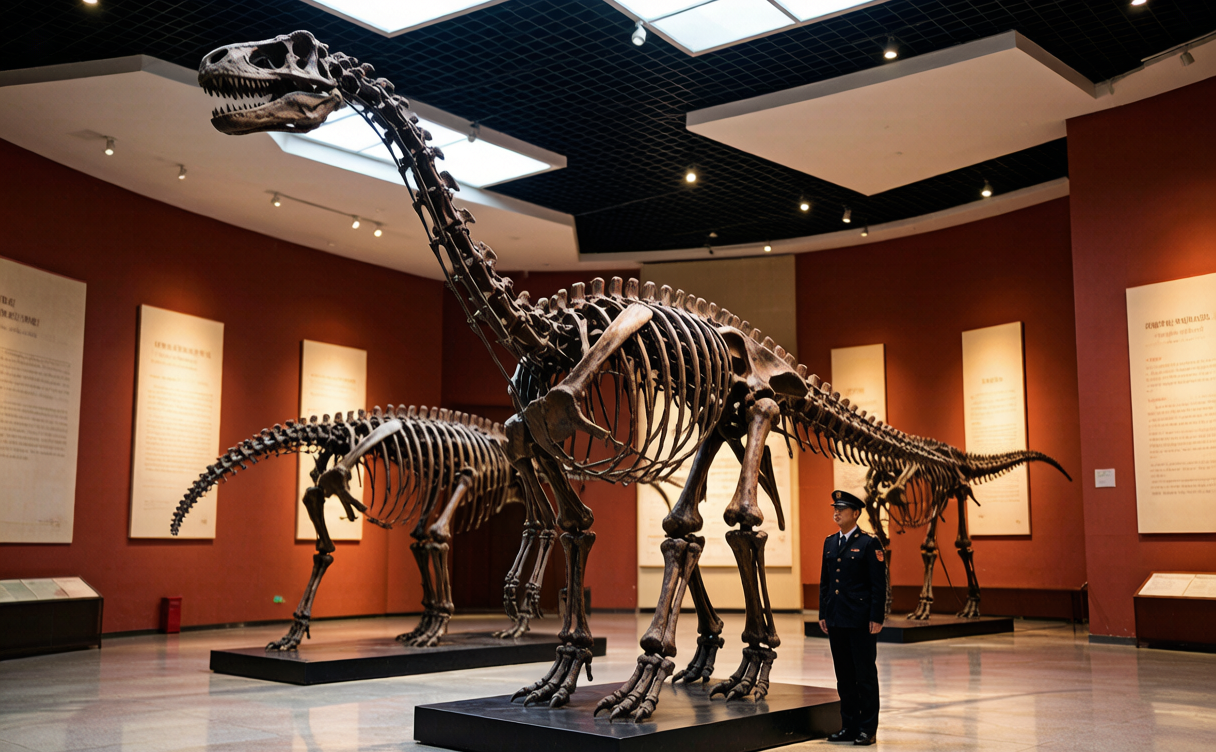 Zigong travel guide - mounted Jurassic skeletons and open fossil pit at the Zigong Dinosaur Museum