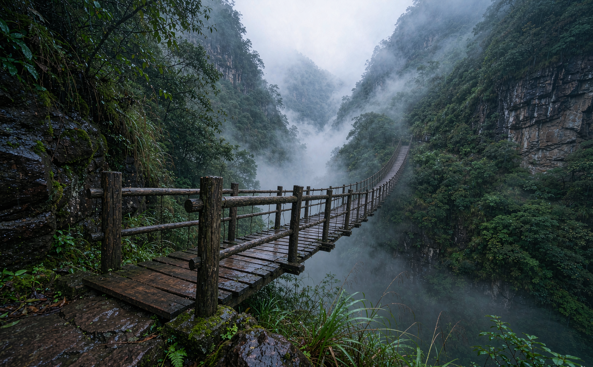 Wooden suspension bridge across a misty Ailao Mountain Yunnan gorge