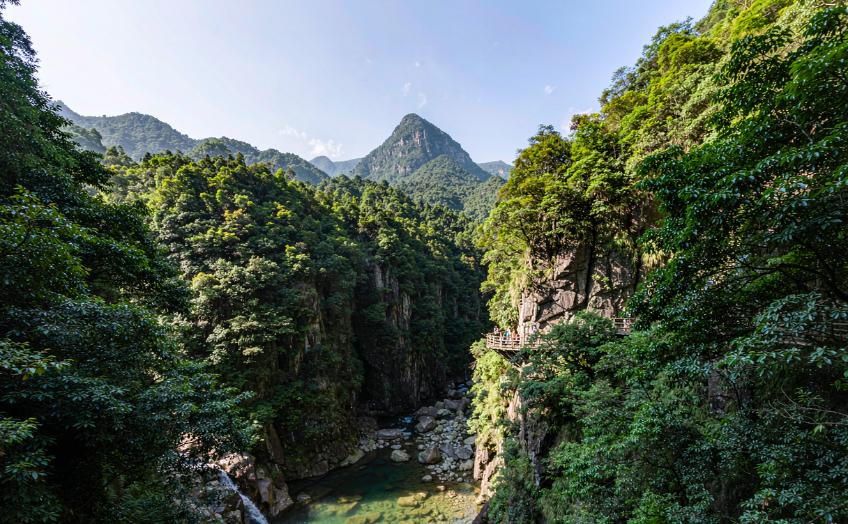 Forested gorges and crystal stream around Baishuiyang Fujian