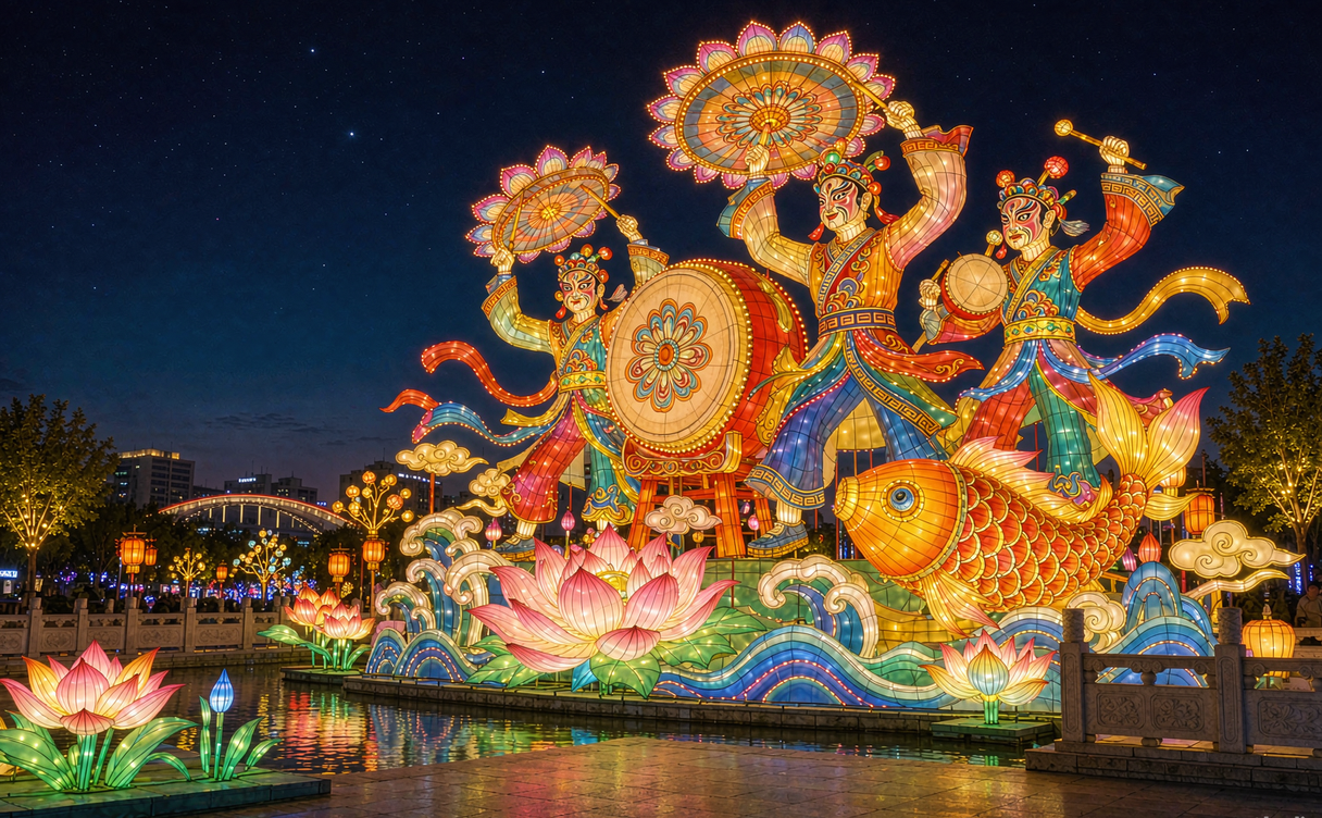 Bengbu Huagu lantern show with coloured lantern sculptures and families