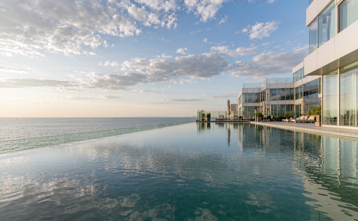 Dalian seaside hotel rooftop pool with Yellow Sea view