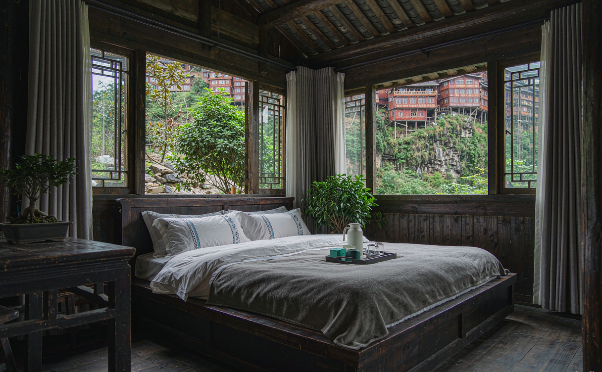 Wooden riverside guesthouses lit at night along the Tuojiang River in Fenghuang