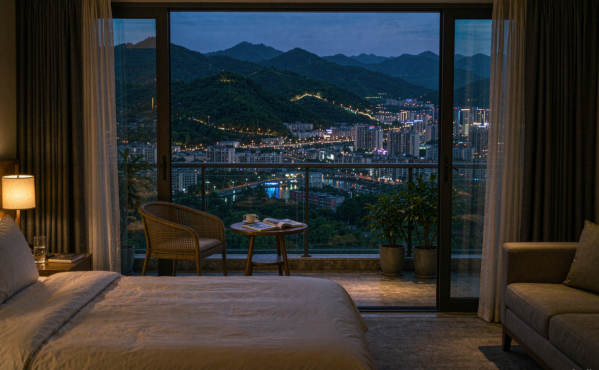 Hotel room balcony overlooking Guiyang's green hills and city lights at night