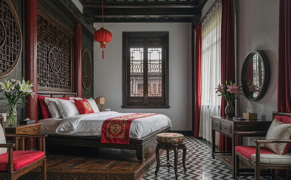 A boutique heritage hotel courtyard with red-brick Minnan architecture in Quanzhou, Fujian, China