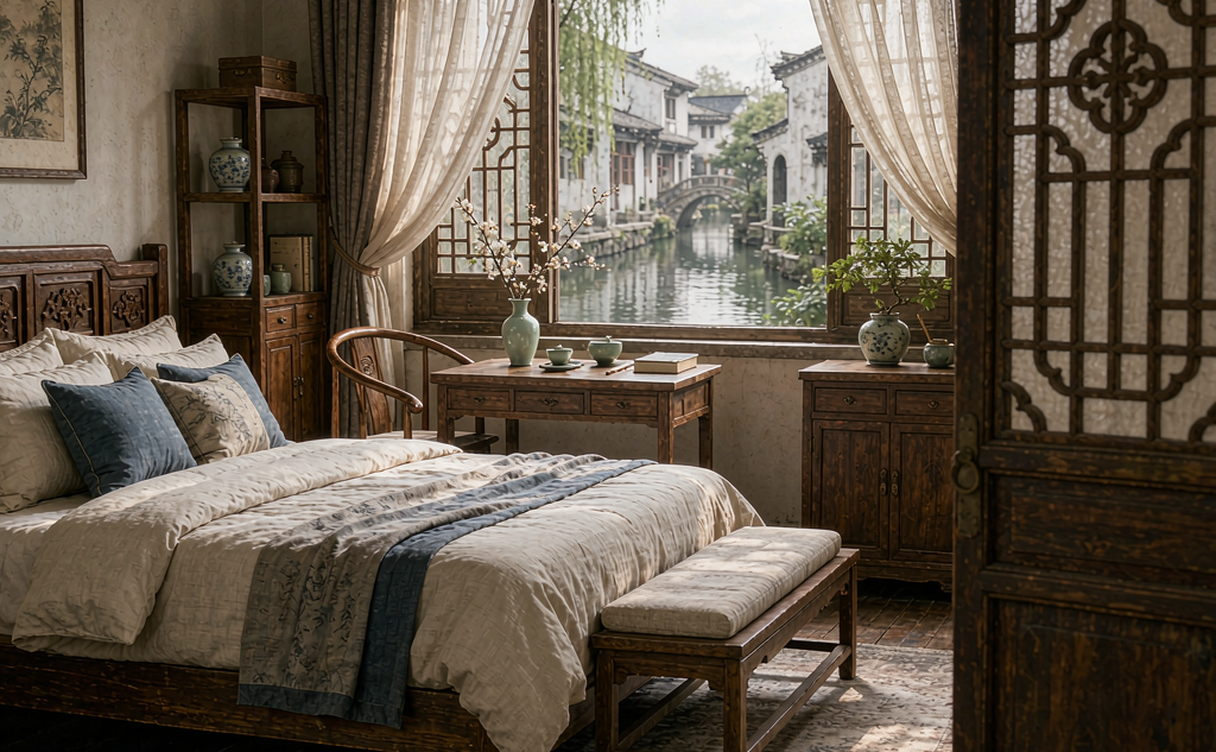 Riverside guesthouse with black-tiled roofs by a Shaoxing canal