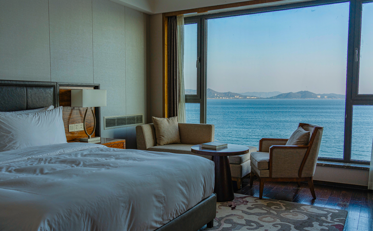 Weihai sea-view hotel balcony at sunrise over the Yellow Sea