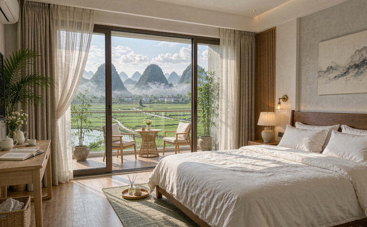 A biking path between rice paddies with karst peaks and a quiet Yangshuo guesthouse in the distance