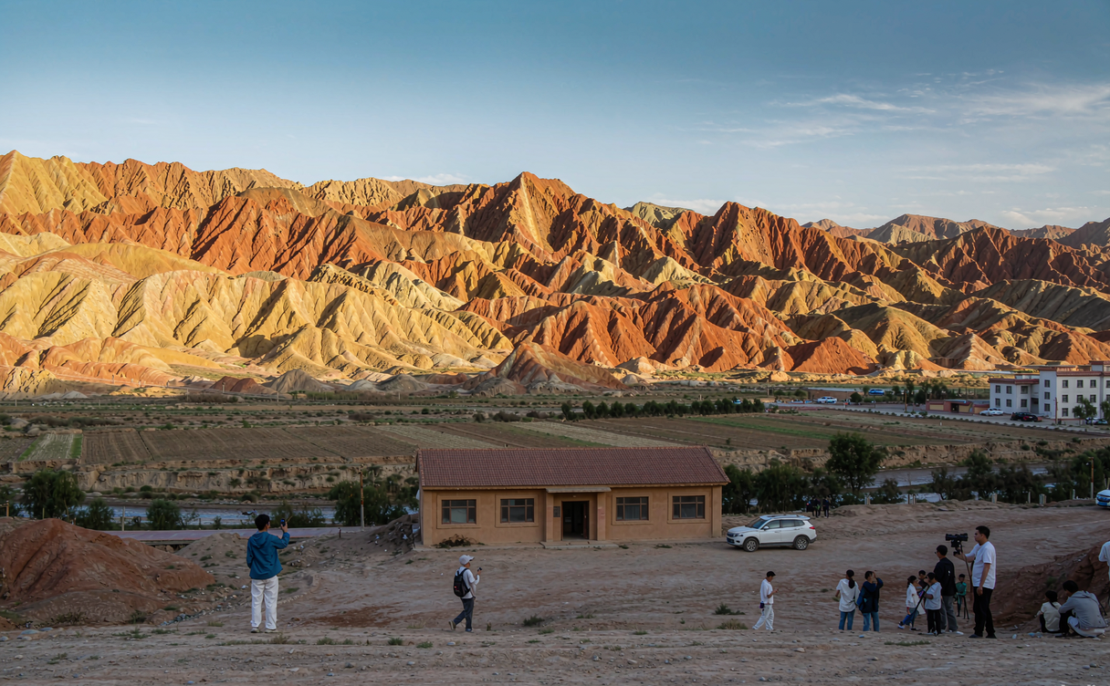 Tourist on the sandy trail among Binggou Danxia palace-shaped rocks