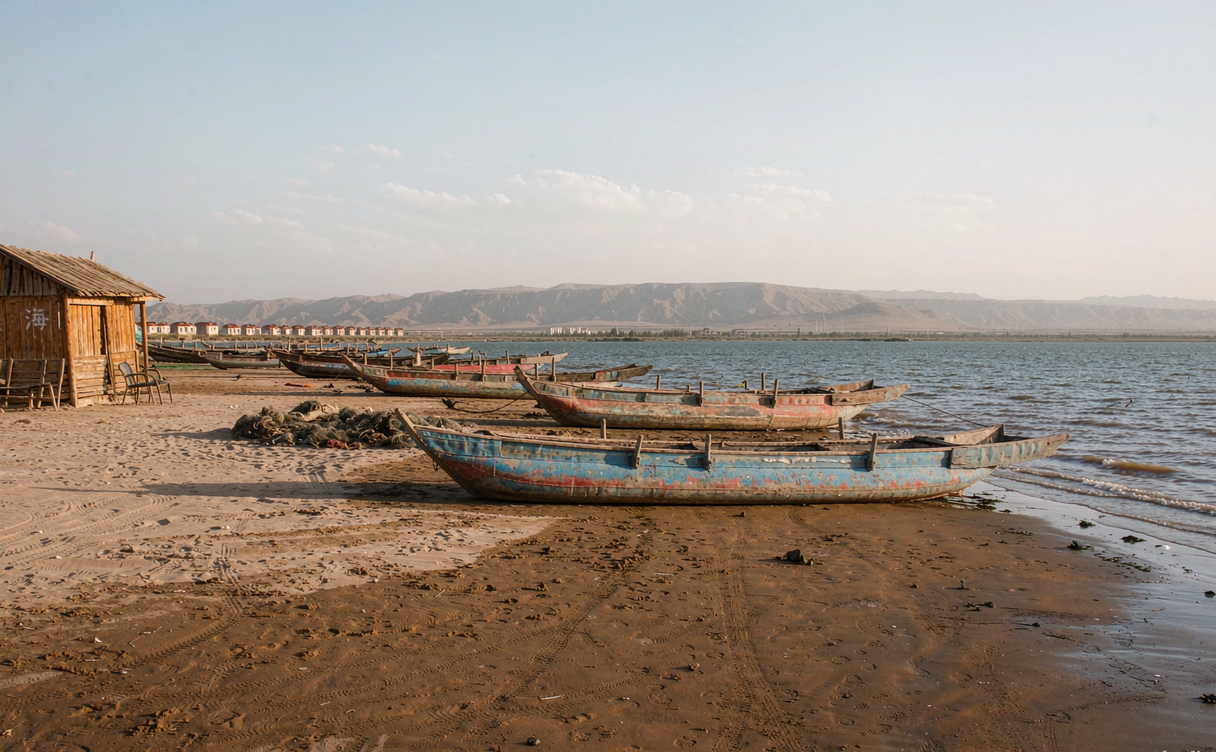 Wooden fishing boats resting on the sandy beach of Bosten Lake