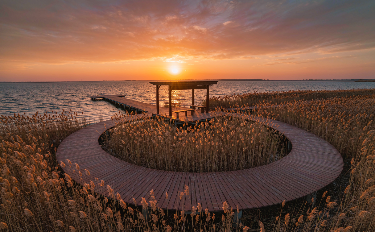 Reed maze boardwalk at sunset on Bosten Lake