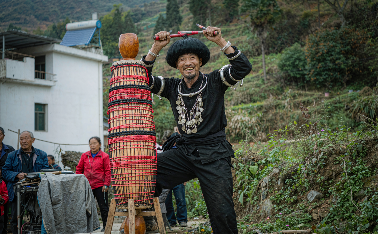 Wa villagers performing a wooden drum dance in front of stilt houses in Cangyuan, Yunnan, China