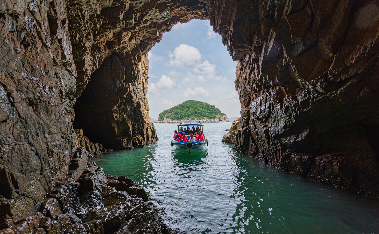 Boat passing sea caves in the Changdao island chain