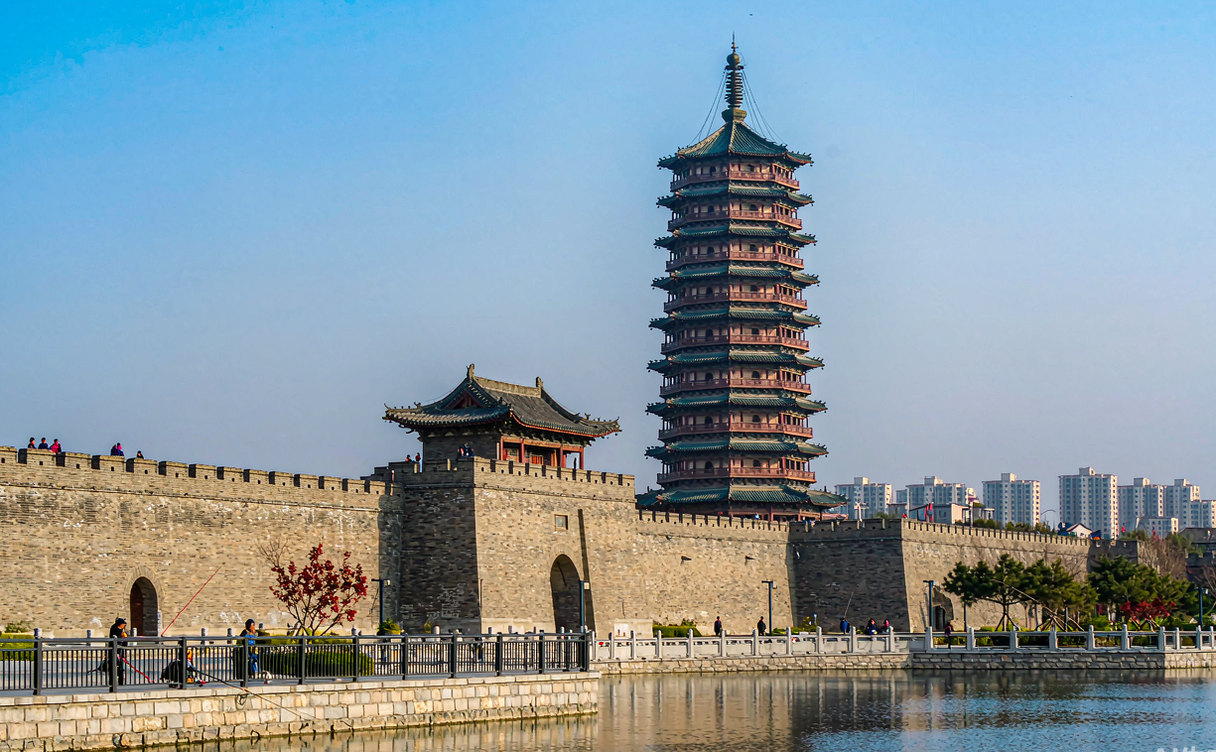 A Buddhist pagoda beside a remaining old city wall in Chaoyang, Liaoning, China