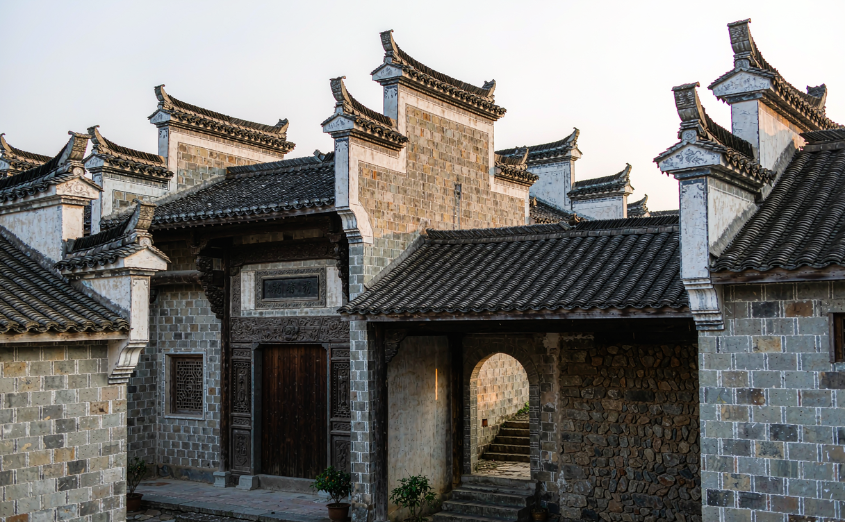Curved river flowing past grey Hui-style houses with horse-head gables in Chengkan village