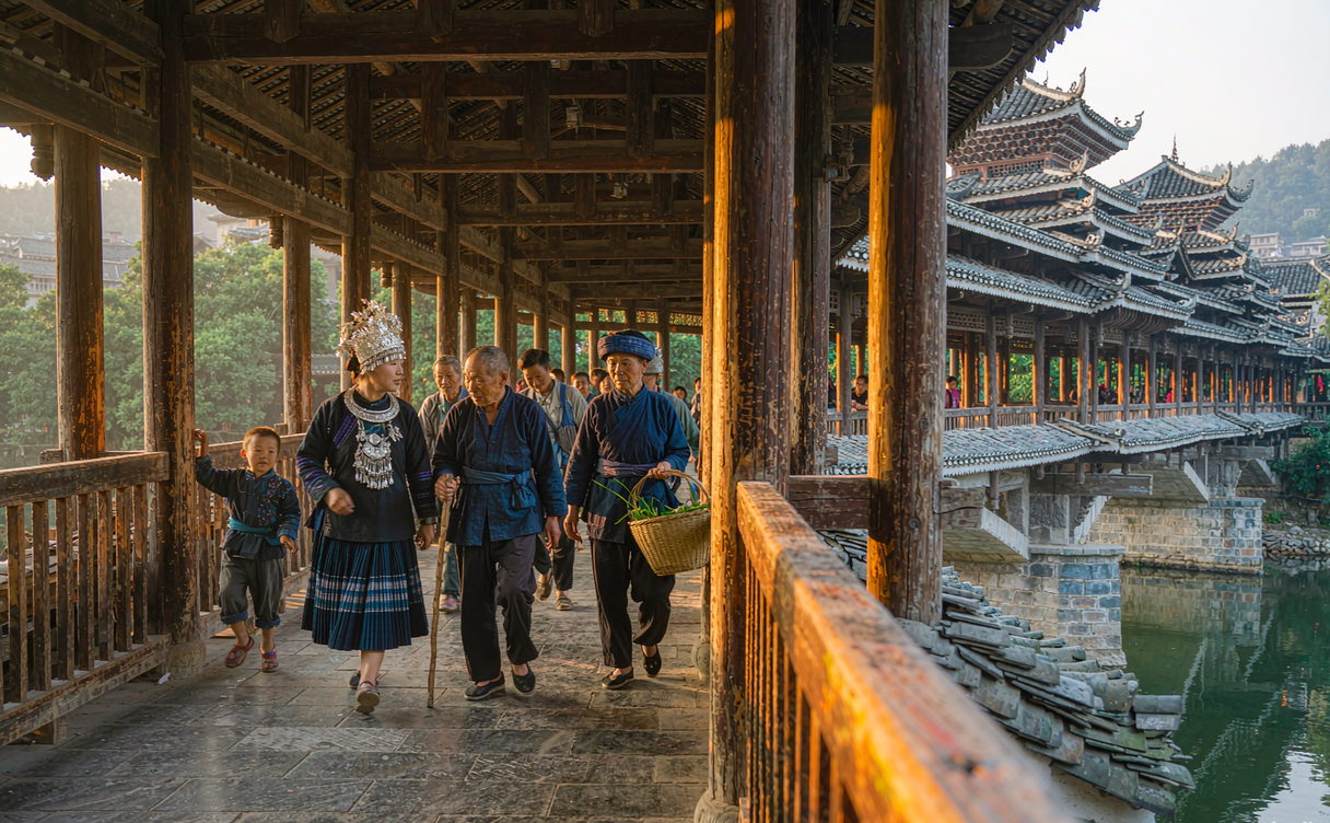 A Dong drum tower and wooden stilt houses among green rice terraces near Chengyang bridge in Sanjiang, Guangxi, China