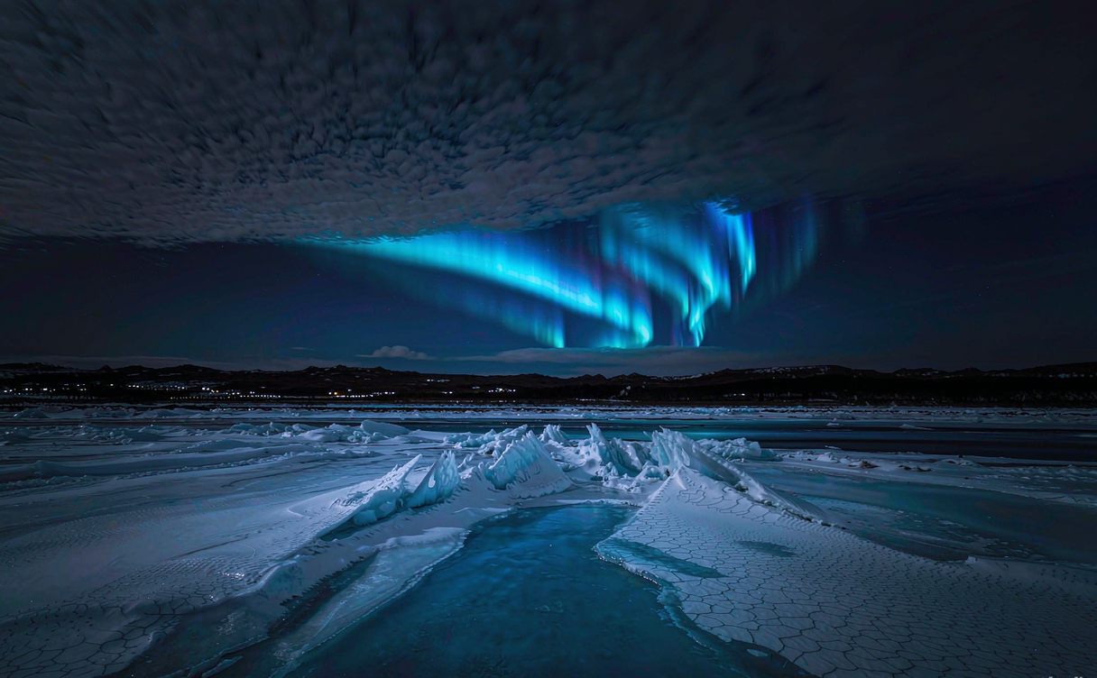 Green aurora over a snow-covered village and pine forest in northern China