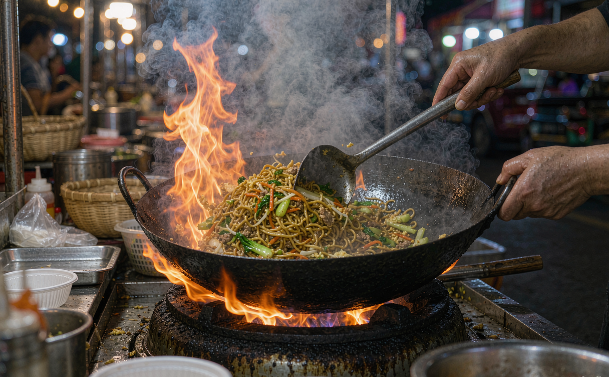 Xi'an street stall grilling roujiamo flatbread sandwiches over charcoal
