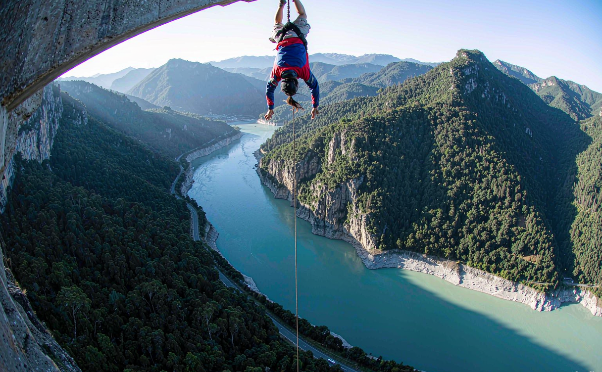 Bungee jumper dropping from a bridge into a gorge in China