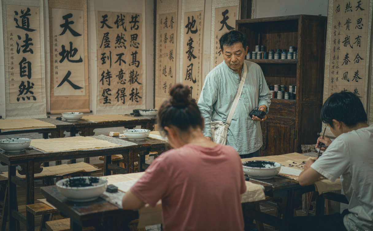 Hand holding a calligraphy brush over inkstone and rice paper in a lesson