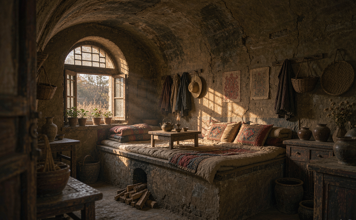 A restored Shaanxi yaodong cave home with an arched doorway and a heated kang bed