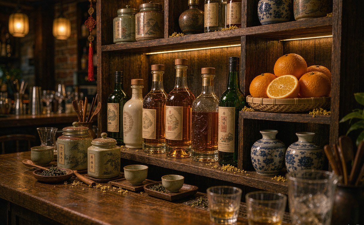 Bartender preparing a baijiu cocktail in a dim Shanghai speakeasy