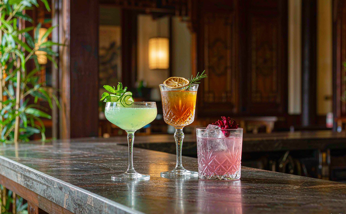 Row of tea-toned cocktails on a Chengdu bar counter with dried citrus garlands