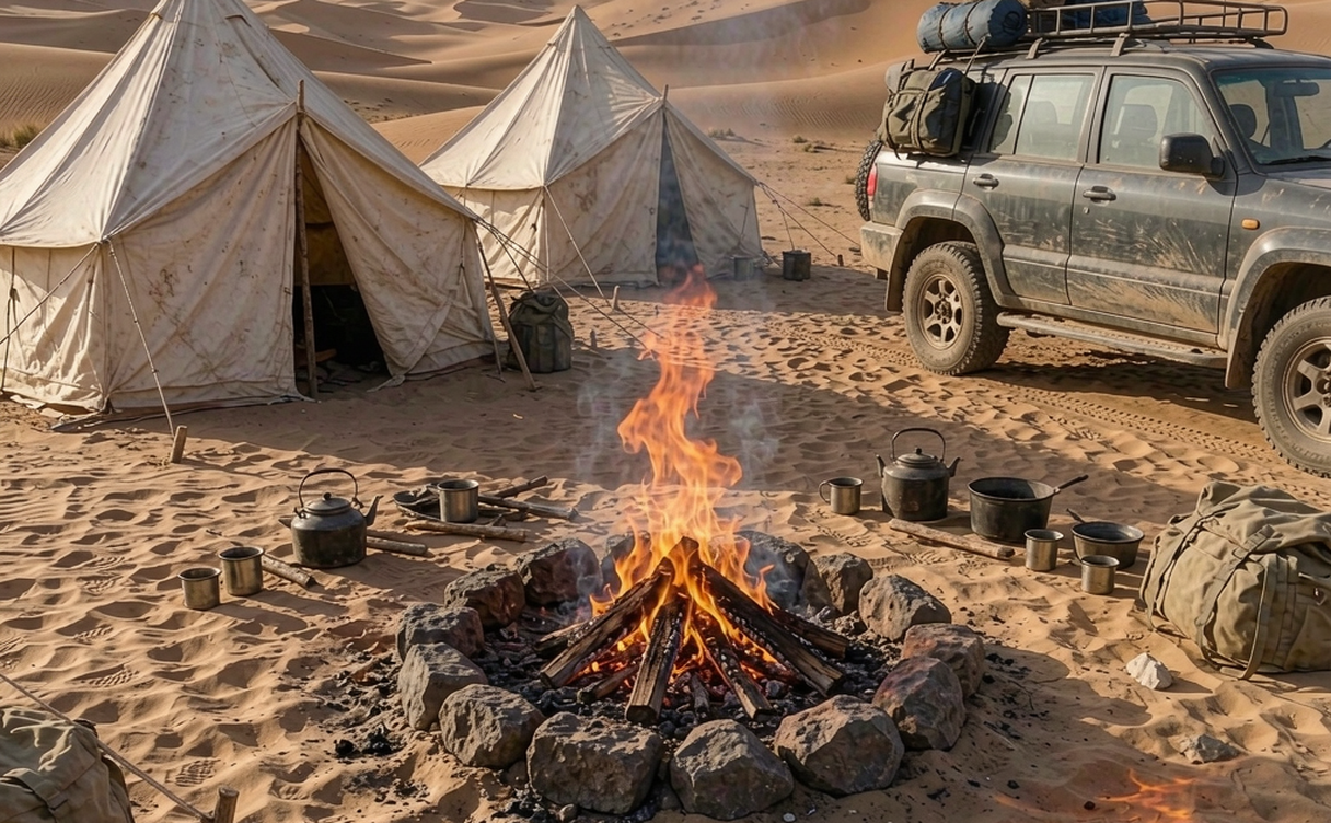 Desert tent camp under stars in the Gobi, China