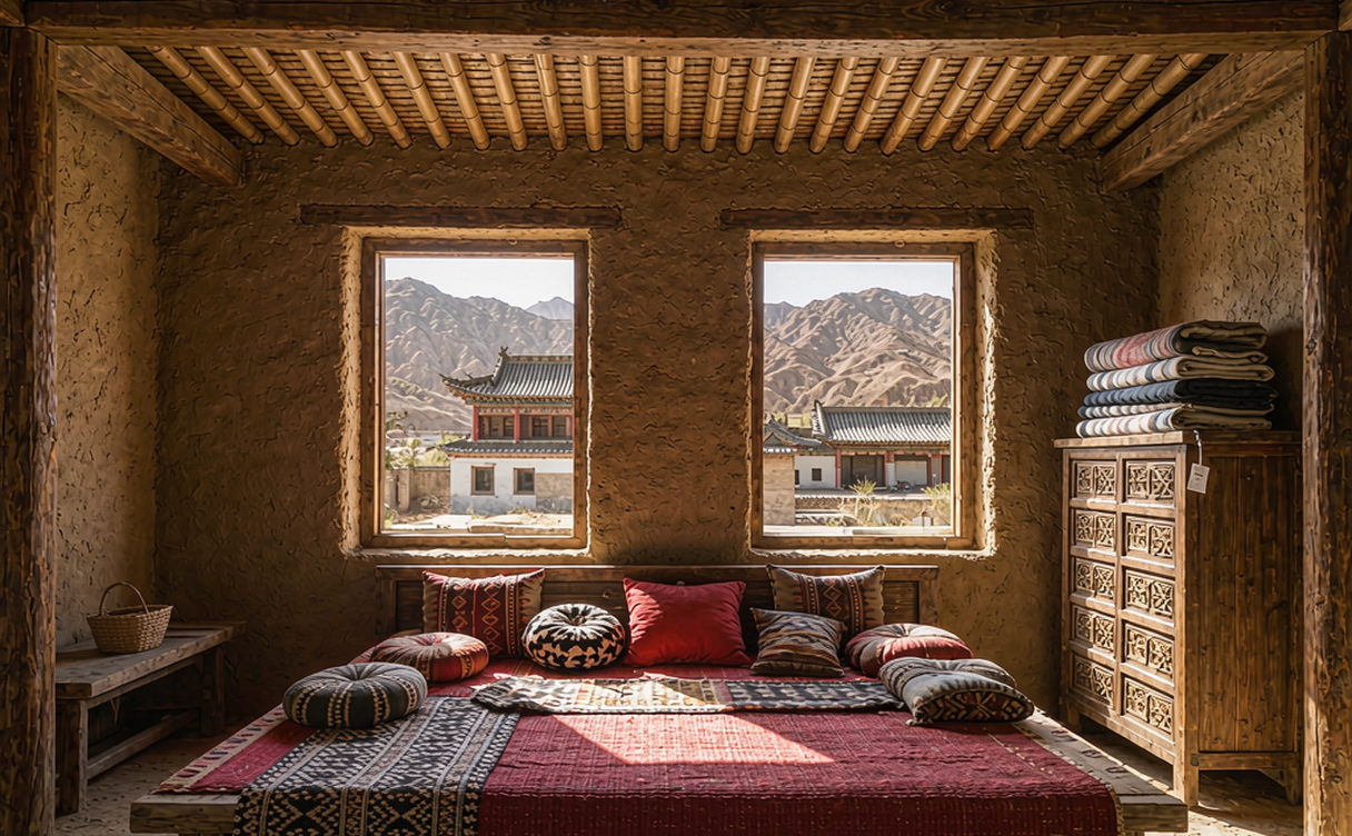 Desert camp bonfire and yurts at dusk in China