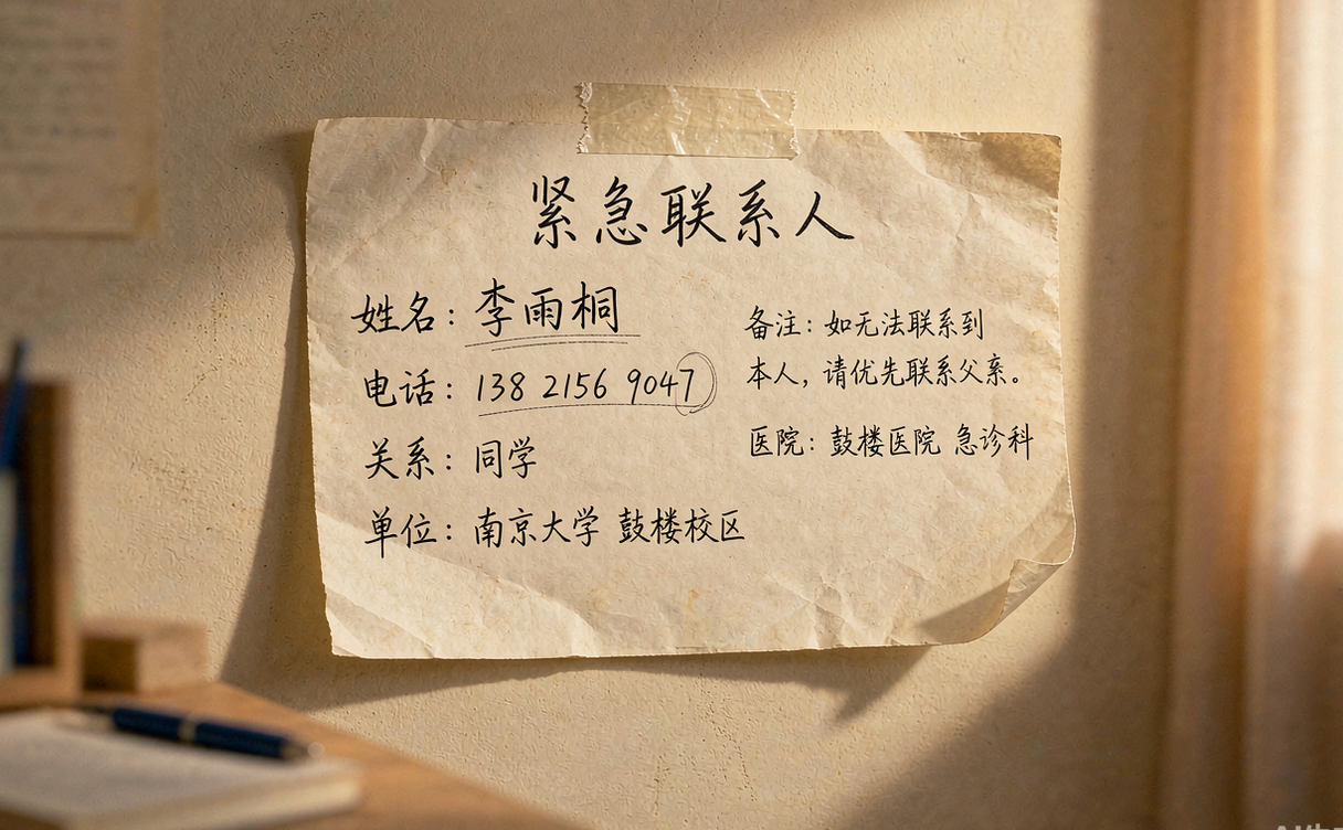 A note with emergency contact numbers written clearly for a China trip