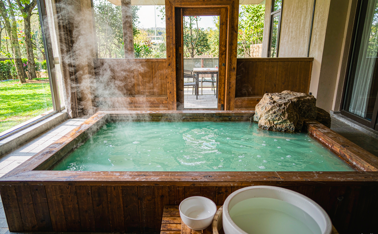 Steaming outdoor mineral hot spring pool set against a forested mountain in China
