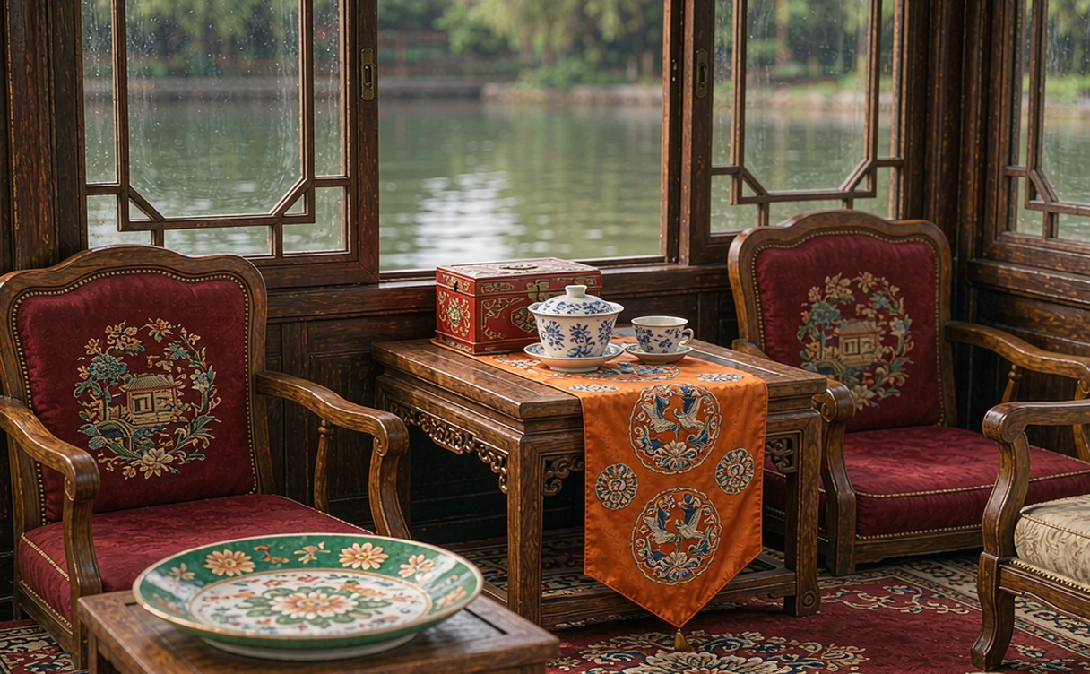 Canal boat guestroom moored in a Chinese water town