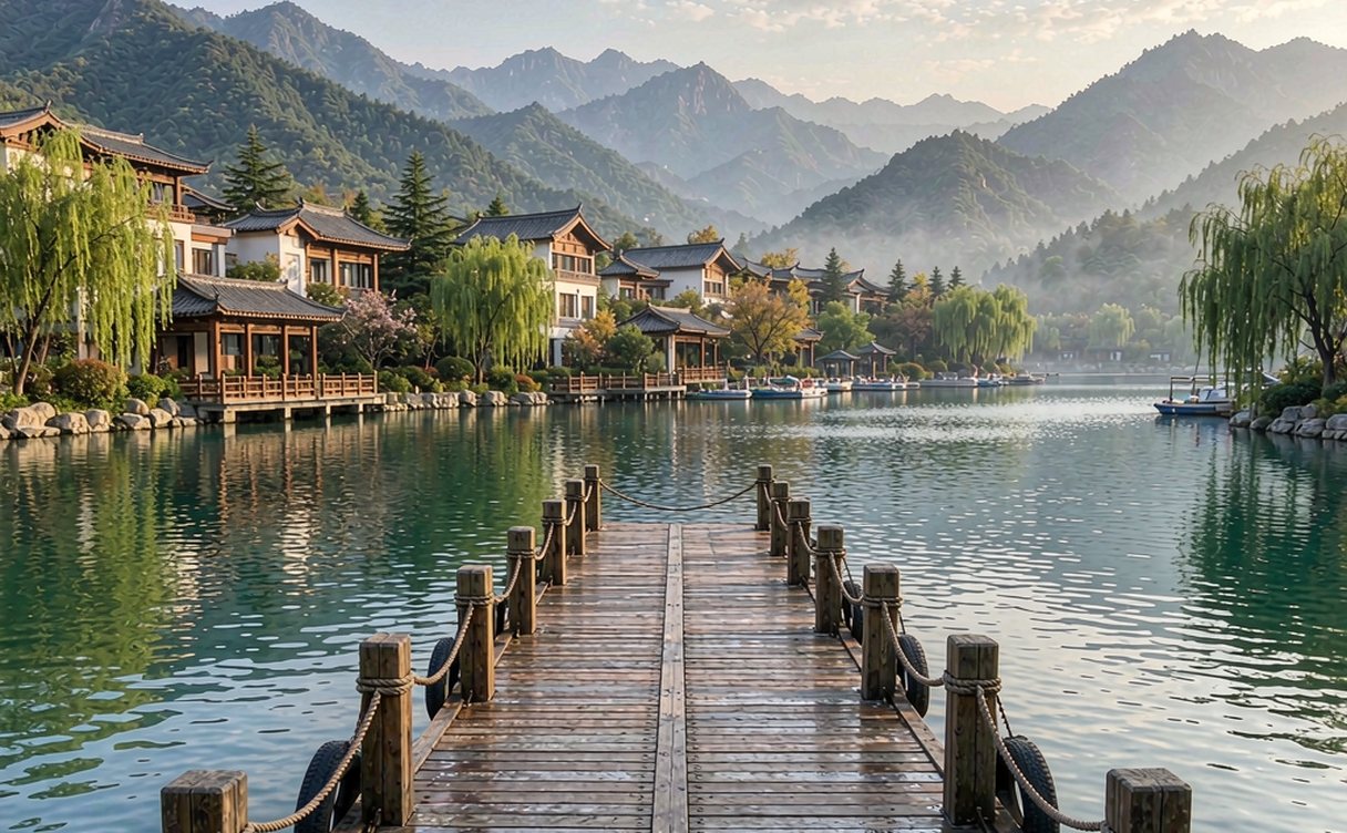 China lakeside resort terrace at sunrise with mist over the water