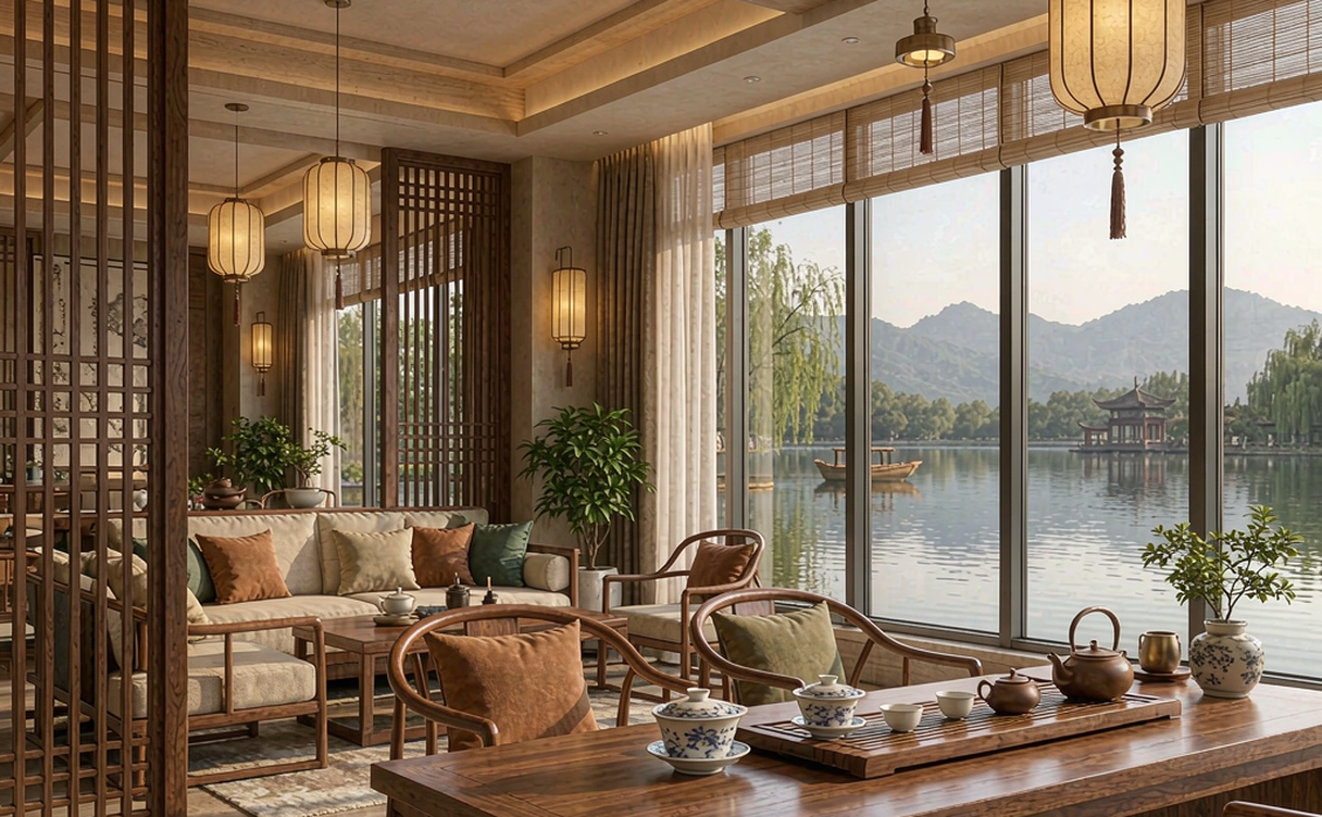 Erhai Lake lakeside guesthouse terrace with Cangshan mountains behind Dali