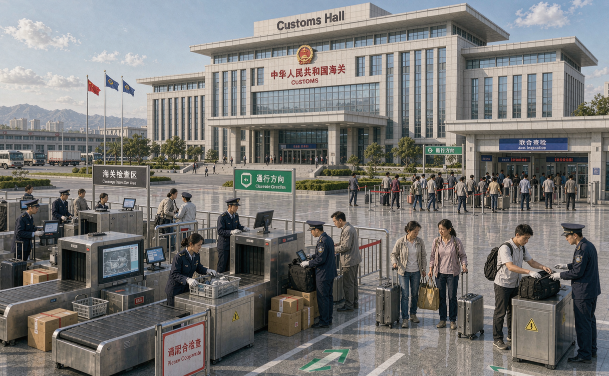 Busy indoor China land border hall with passport control booths and bilingual signage