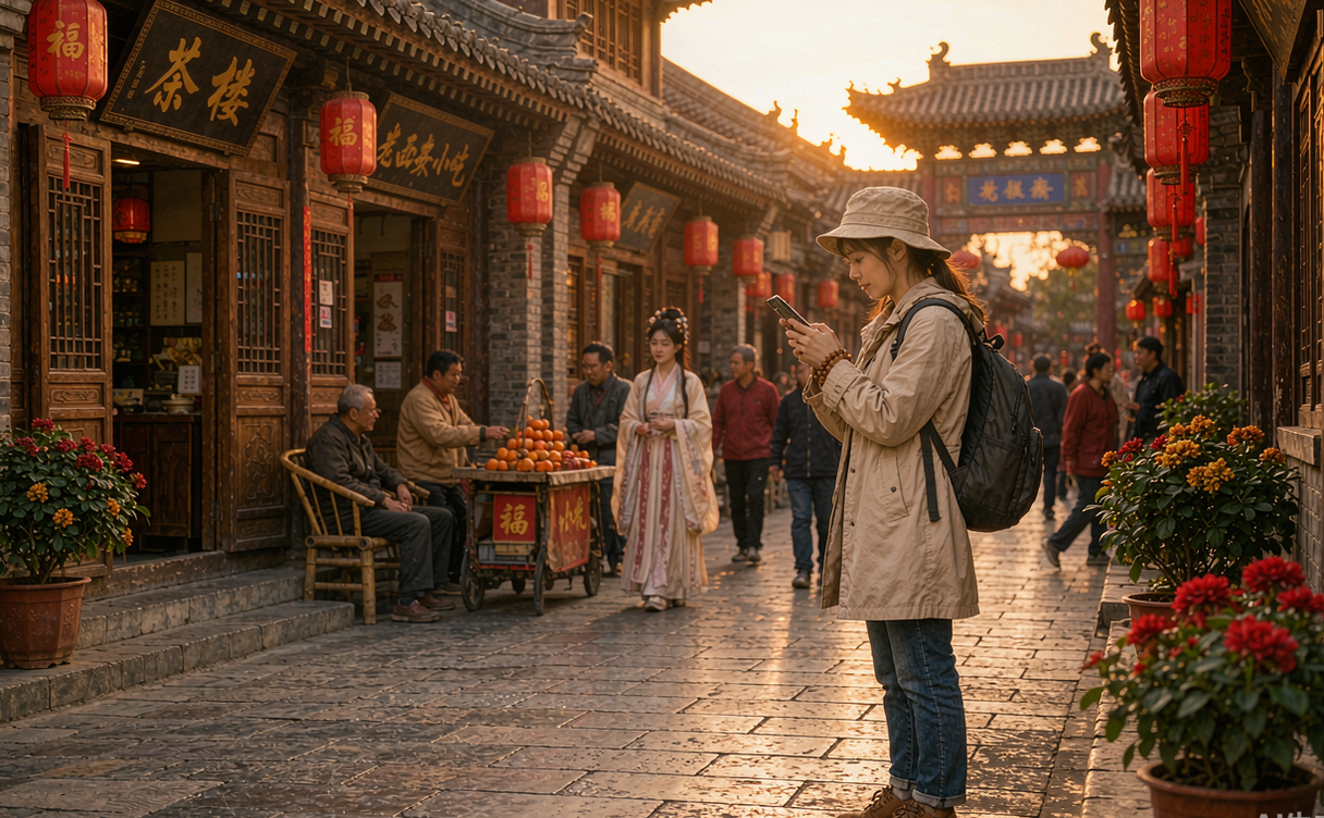Traveler holding a phone while planning a last-minute China trip at a cafe table